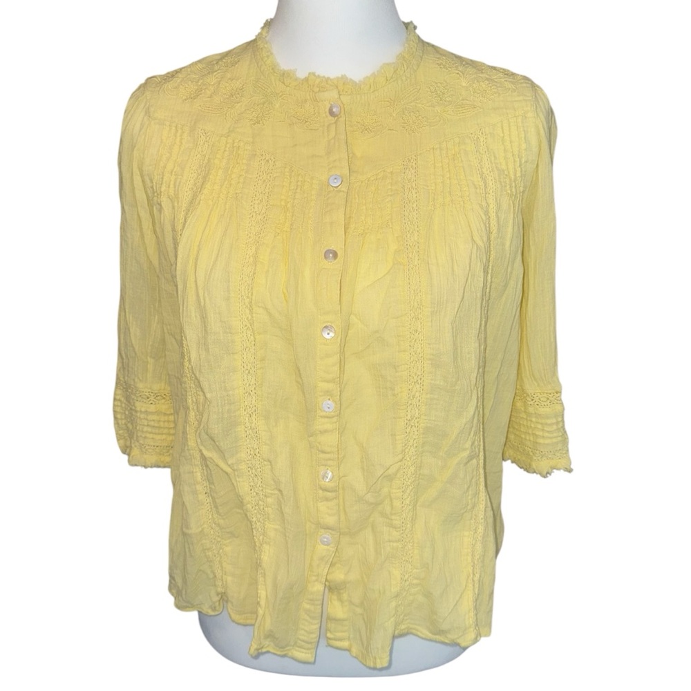 Sundance cotton puff sleeve embroidered eyelet button down blouse yellow XXS P
